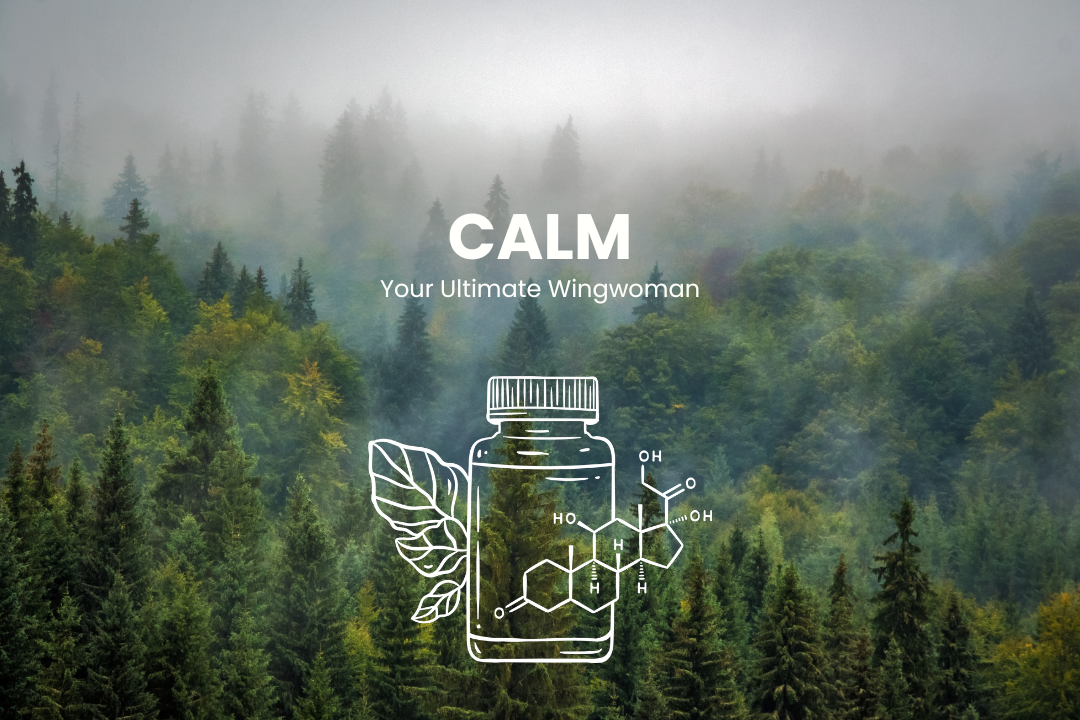 An artistically rendered silhouette of Hey Freya's portable anti-anxiety supplement, Calm, set against the serene backdrop of a forested hillside.