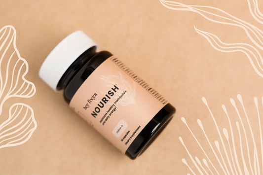 An amber-colored bottle of Hey Freya’s NOURISH multivitamin for women’s health on a peach background