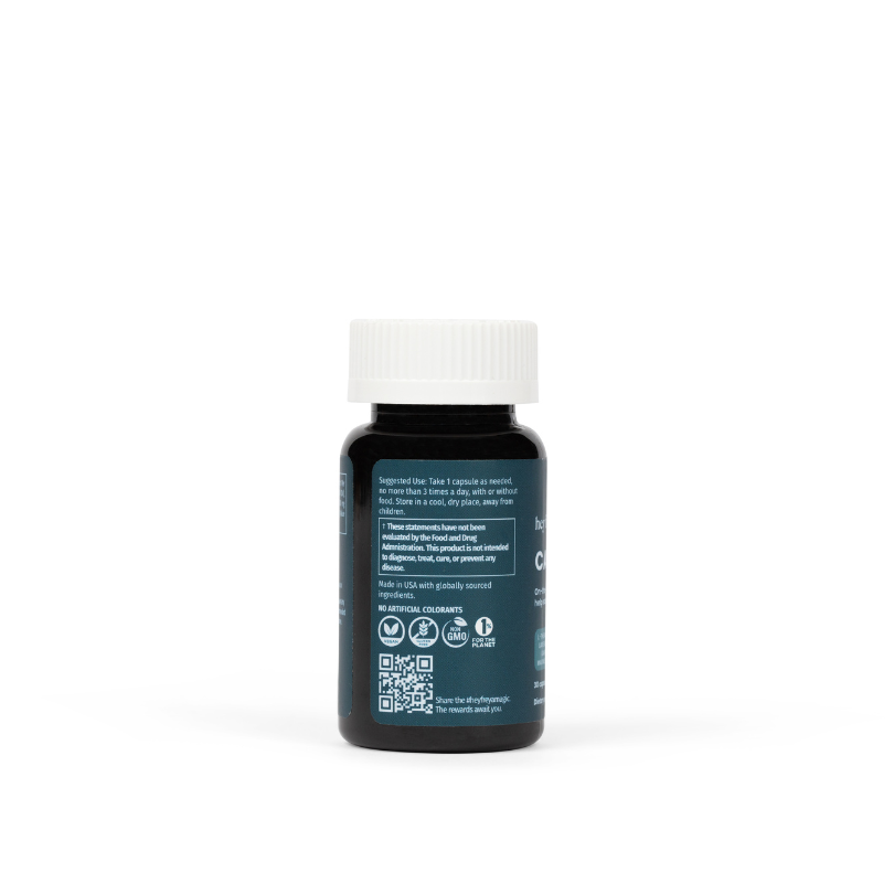 Image of CALM Anxiety-Regulating Herbal Dietary Supplement: Palm-size amber bottle with a dark blue label, non-drowsy, side-effect-free
