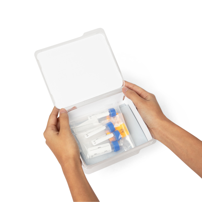 hey freya's at-home cortisol test kit that includes four plastic tubes for saliva samples and a secure return package for processing results at a CLIA-certified lab