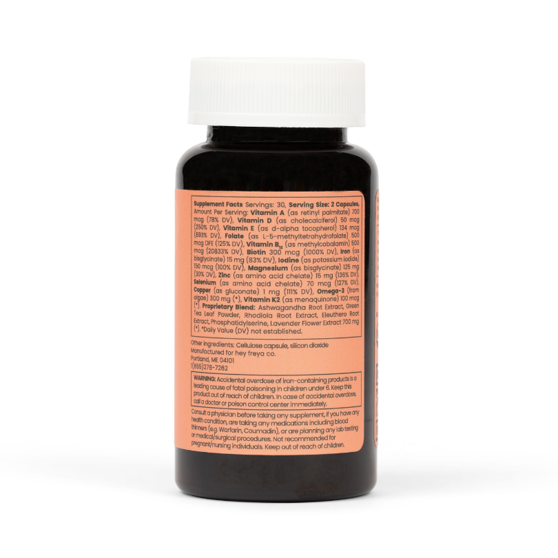 Elevate Vitality with the Best Female Libido Supplement - THRIVE. 60 Vegan Capsules for Enhanced Wellness. Presented in an Amber-Colored Bottle, Accentuated by a Dark Salmon Label, against a white background