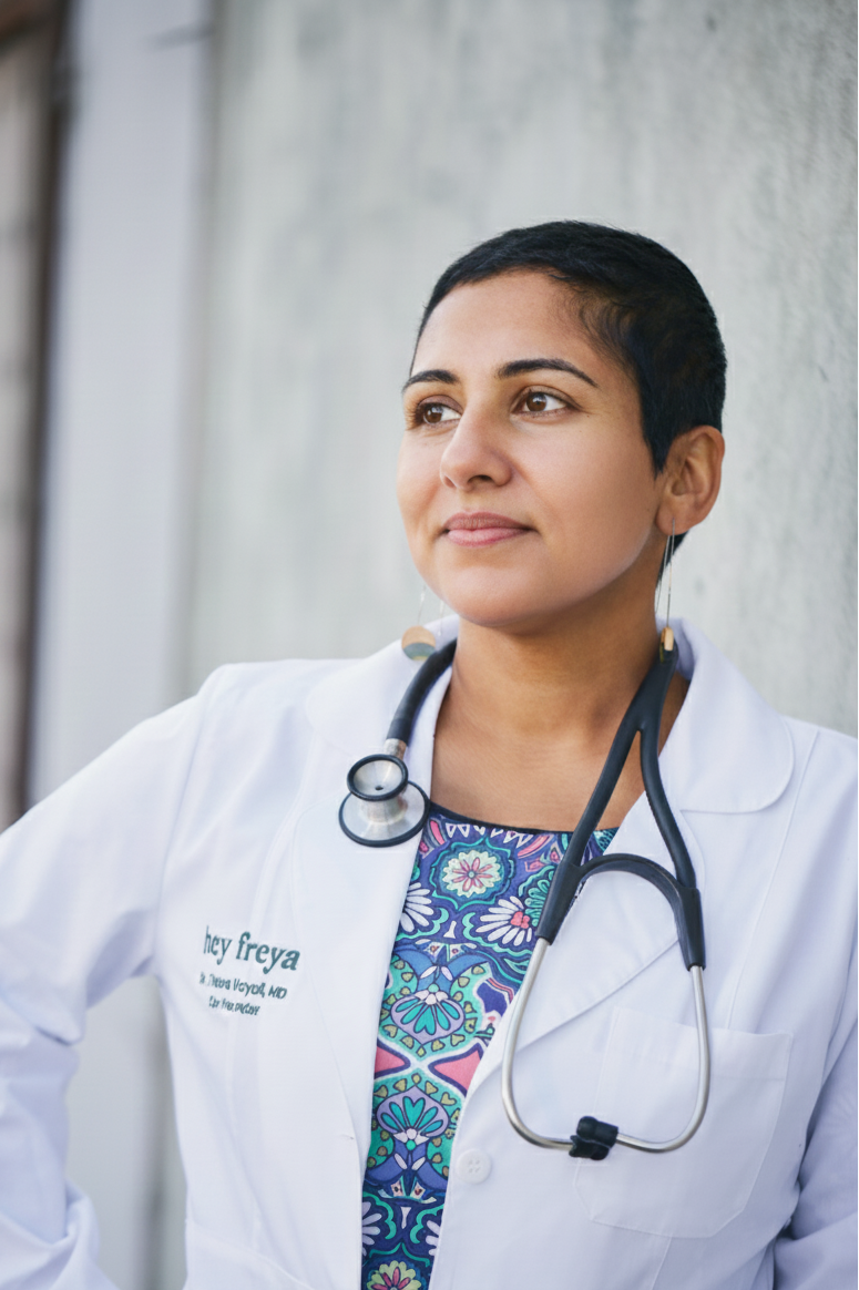Doctor wearing a white coat with a colorful tie and stethoscope, standing against a neutral background.
