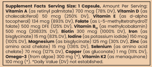 An ingredient panel in black text on top of a peach-colored background. Best Multi-Vitamin & Multi-Mineral Supplement. Ingredients include Vitamin A, Vitamin D, Vitamin E, Folate, Vitamin B12, Biotin, Iron, Iodine, Magnesium, Zinc, Selenium, Copper, Omega-3, and Vitamin K2
